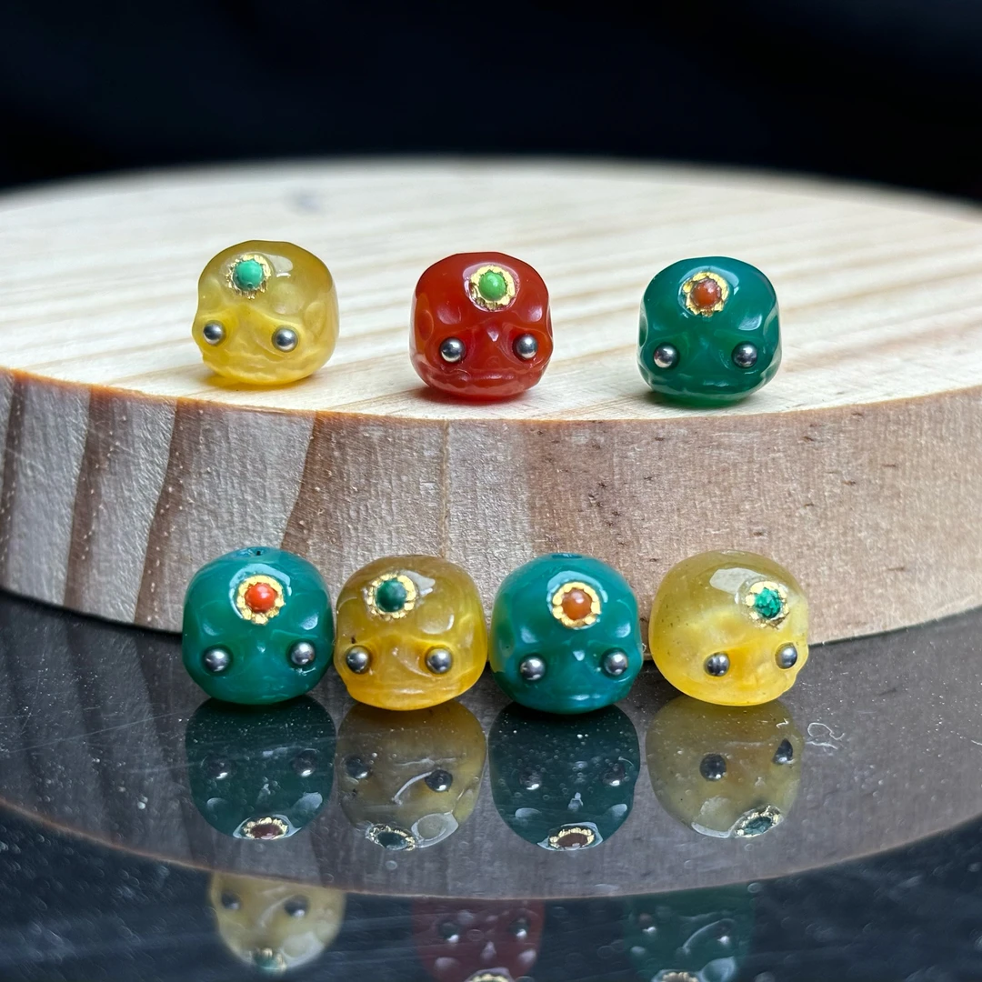 红绿灯小尺寸阿呆镶嵌24k真金尺寸8mm川料樱桃红非洲翠玛瑙虎眼石