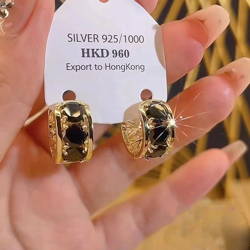 铜合金耳饰 2024新款黑色锆石双面佩戴耳环轻奢气质百搭个性耳饰