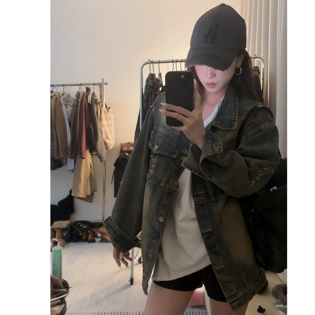 美式复古做旧破洞牛仔外套女2024春秋新款宽松显瘦炸街夹克上衣潮