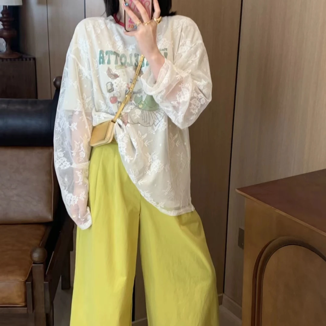 DUDU 韩国东大门夏季新款假两件蕾丝拼接韩系时尚T恤卡通印花上衣