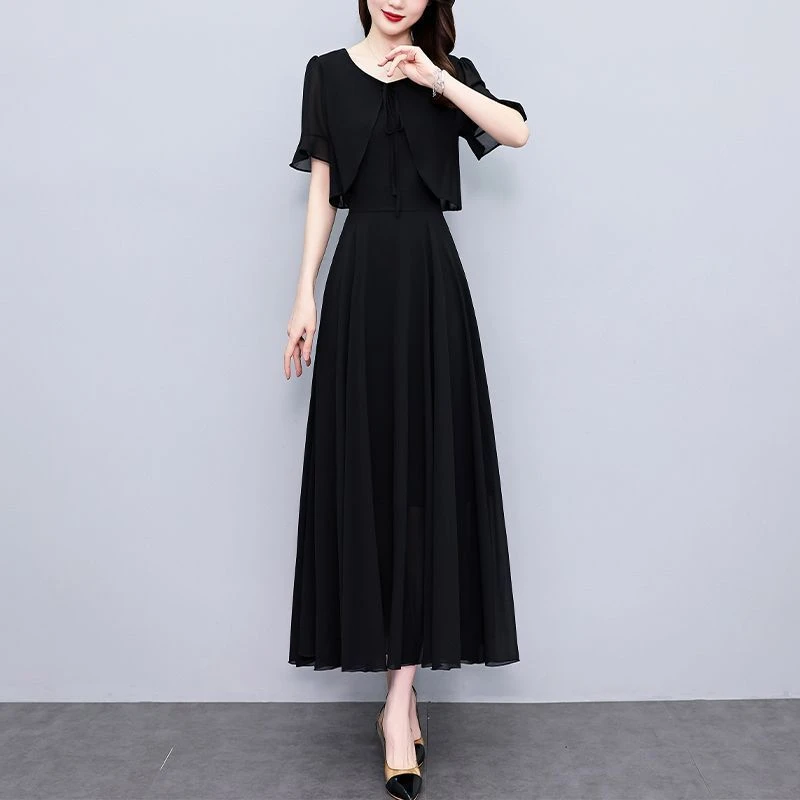 假两件套雪纺连衣裙女长款2024夏装新款大码胖mm遮肉显瘦遮肚长裙