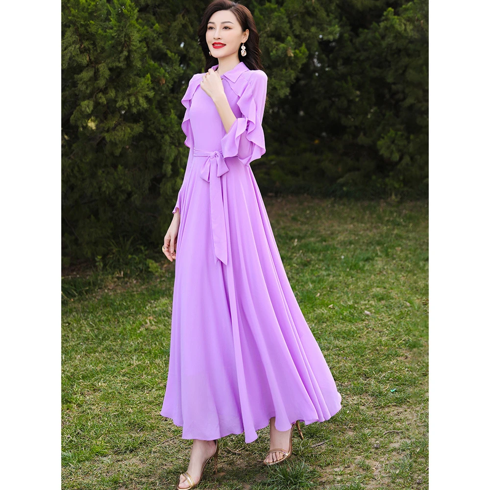 雪纺连衣裙女2024春夏新款大摆裙长款长袖紫罗兰百搭气质度假长裙