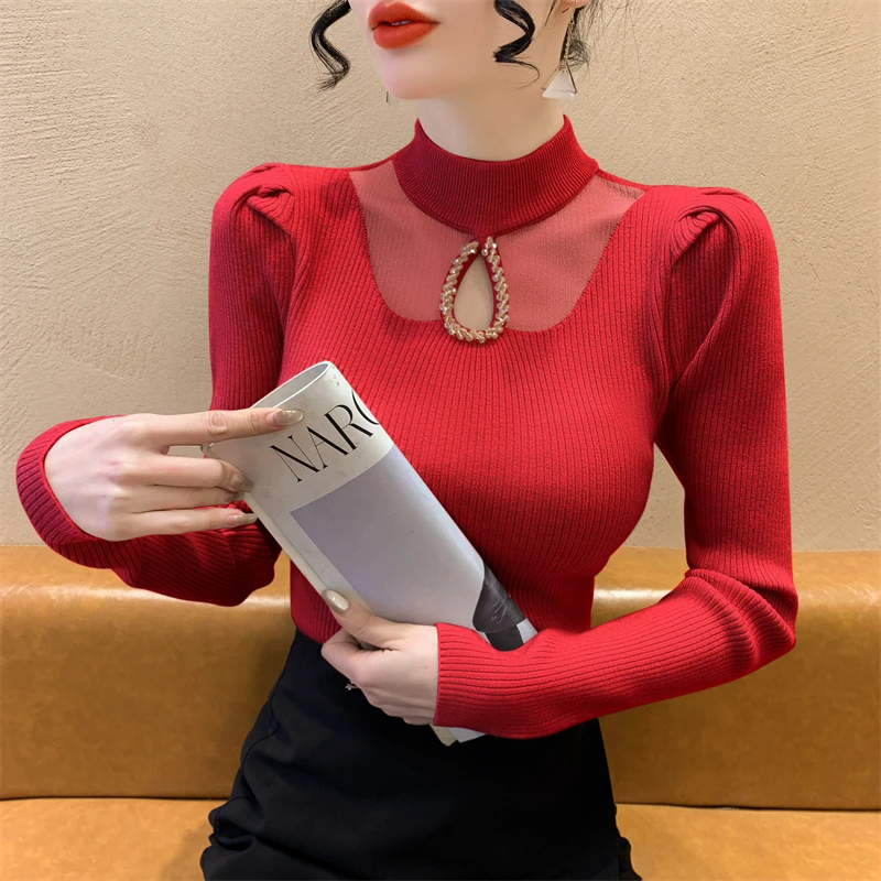 实拍 2024新款重工时髦独特别致半高领网纱拼接针织衫女