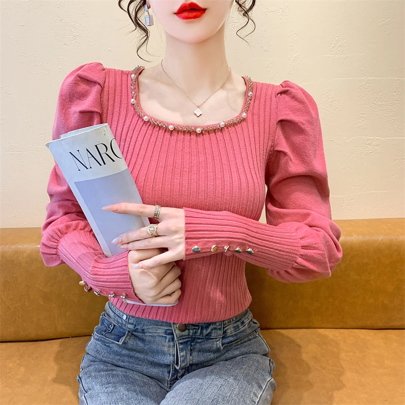 实拍 实拍法式复古方领钉钻打底针织衫女内搭套新款灯笼袖毛衣