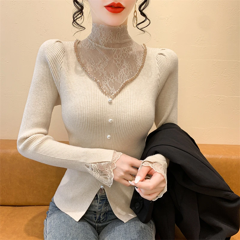 实拍 秋冬新款高端名媛风蕾丝拼接订珠上档次针织衫毛衣假两件套