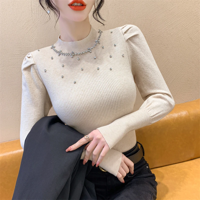 新款重工钉珠复古泡泡袖立领短款套头毛衣女时尚洋气百搭气质上衣