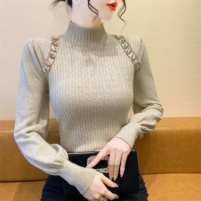 实拍 2024新款修身重工钉钻半高领打底衫气长袖针织上衣 毛衣