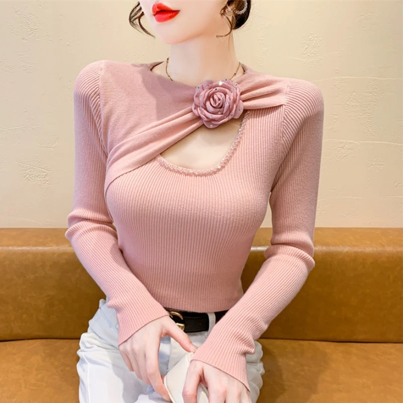 实拍 花朵新款气质毛衣重工钉钻不规则蝴蝶结针织衫内搭打底上衣
