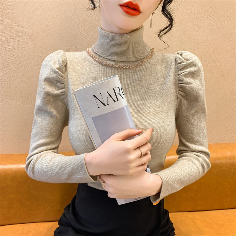 实拍2025新款修身重工泡泡袖高领打底衫秋冬气长袖针织上衣毛衣