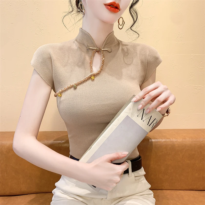 2025新款打底衫上衣潮钻钻显瘦短袖镂空盘扣冰丝针织半袖T恤女