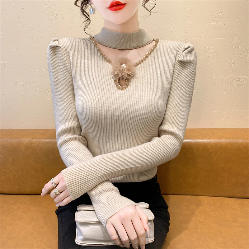 实拍 2024秋冬新款百搭挂脖重工毛衣洋气打底衫V领针织衫潮