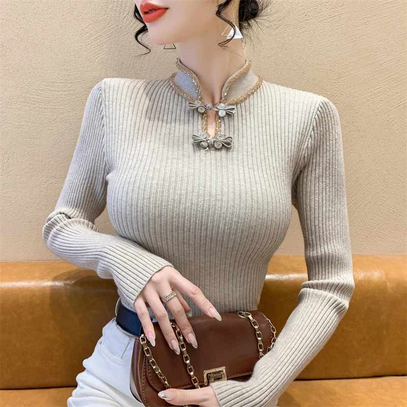 2024新款重工钉钻半高领新中式盘扣泡泡袖针织衫毛衣女打底衫