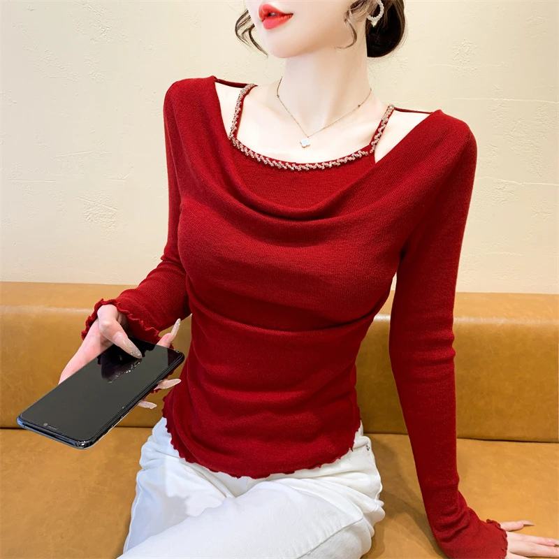 秋冬新款设计感荡领系带内搭套头显瘦红色休闲打底衫针织衫毛衣女