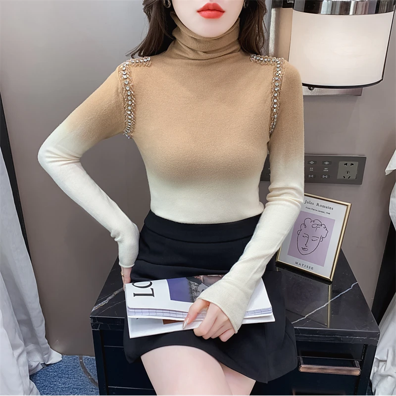 实拍重工钉钻渐变色毛针织衫女2023年冬装新款修身高领打底衫上衣