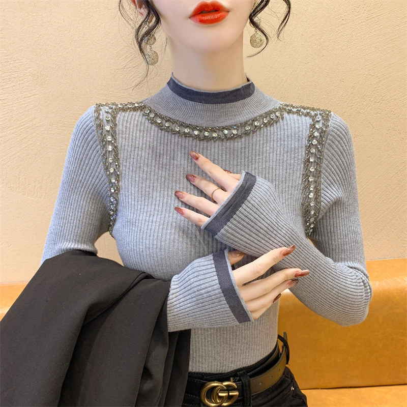实拍秋冬重工钉钻半高领打底针织衫洋气内搭设计网纱蕾丝毛衣女