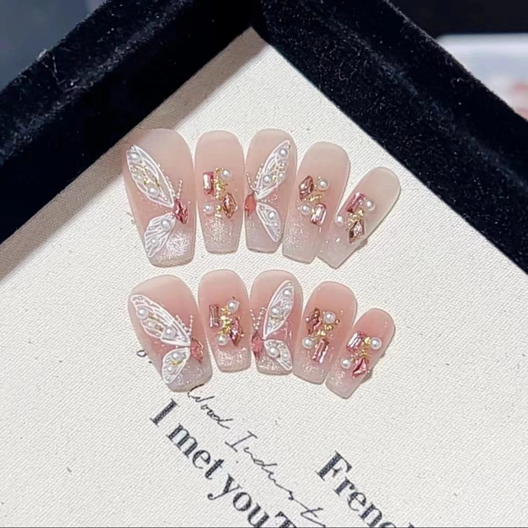 【蝶恋月光】纯手工穿戴甲高级轻奢穿戴式美甲贴中长款显白百搭美甲