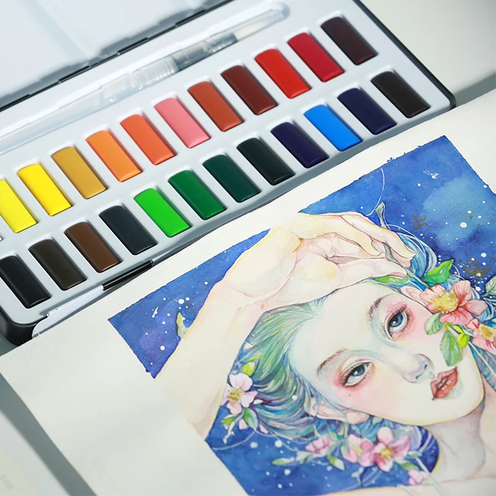 边走边画高级固体水彩颜料24色便携美术水彩绘画套装