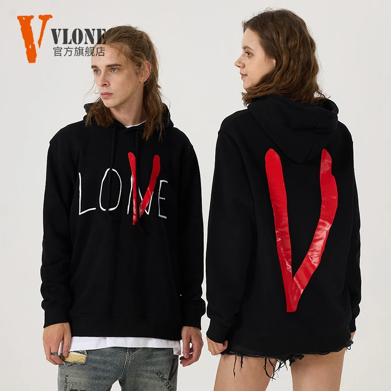 VLONE秋季带帽运动情侣卫衣经典love长袖宽松印花时尚上衣黑色