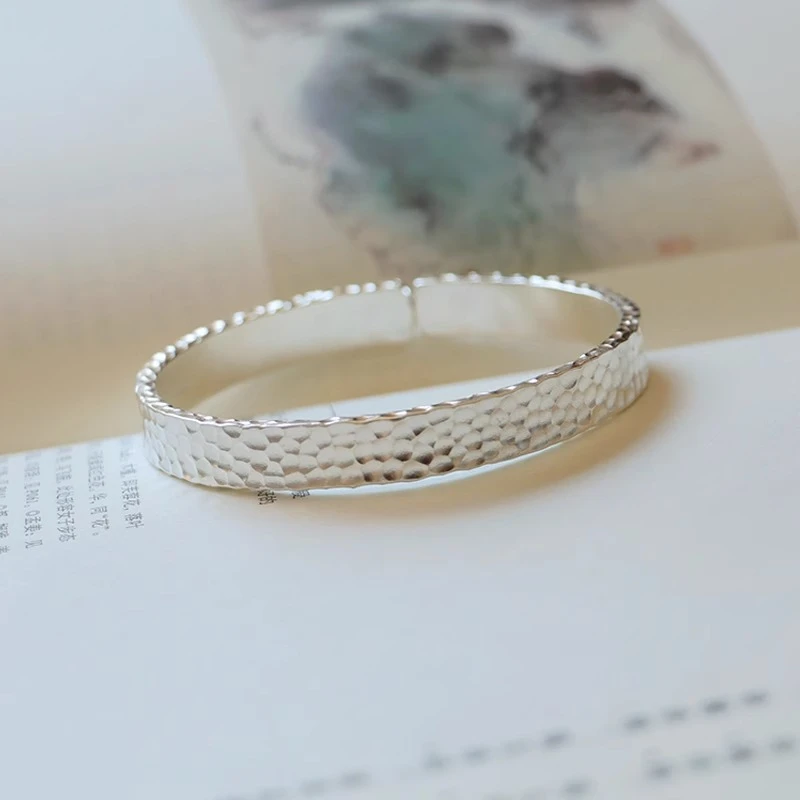 足银手镯 手工999.9高档手工锤印银镯子雪花银锤打点男女碎冰手镯