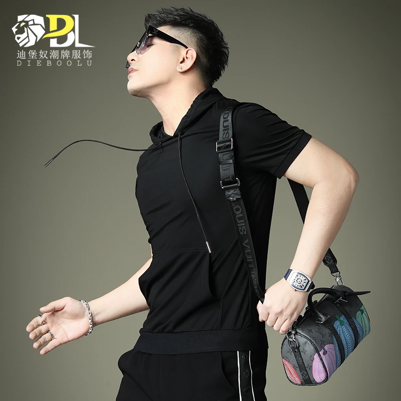 欧洲站夏季连帽卫衣短袖男士新款纯色潮牌薄款看球体恤修身户外