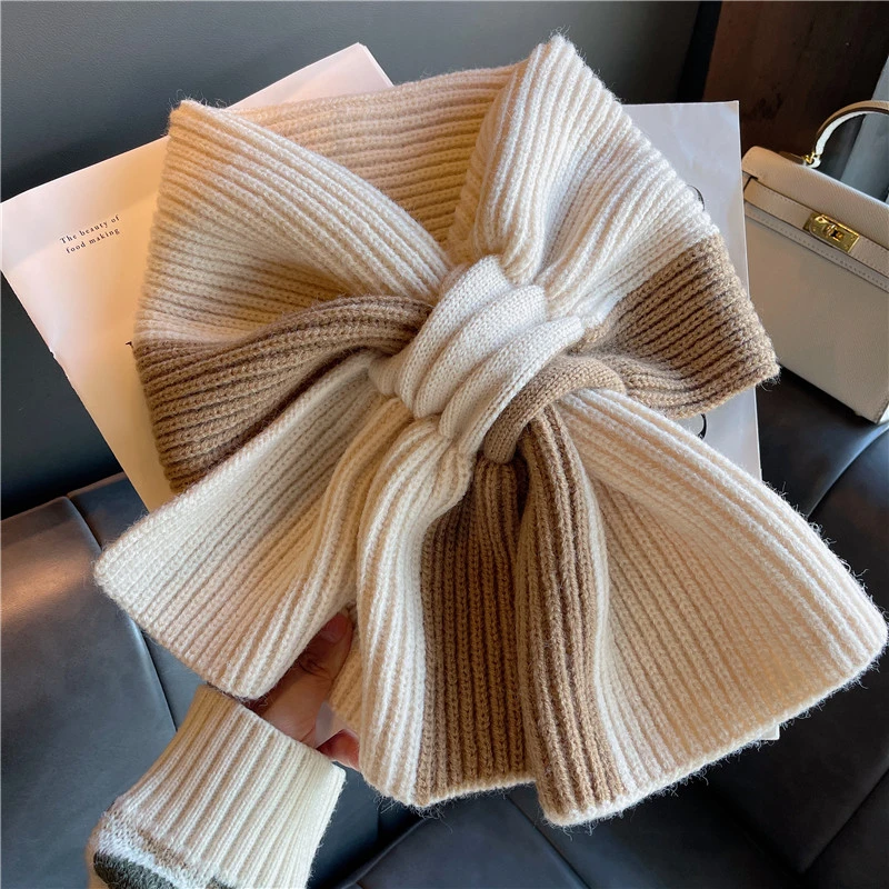 围巾女秋冬季2023新款韩版百搭交叉针织保暖拼色护颈小围脖高级感