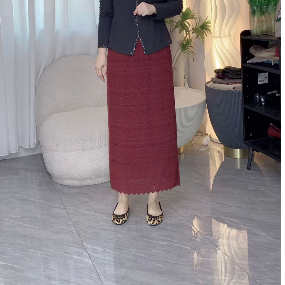 【蕾丝半身裙】磨毛蕾丝秋冬新款大码女装显瘦遮肉裙子长裙