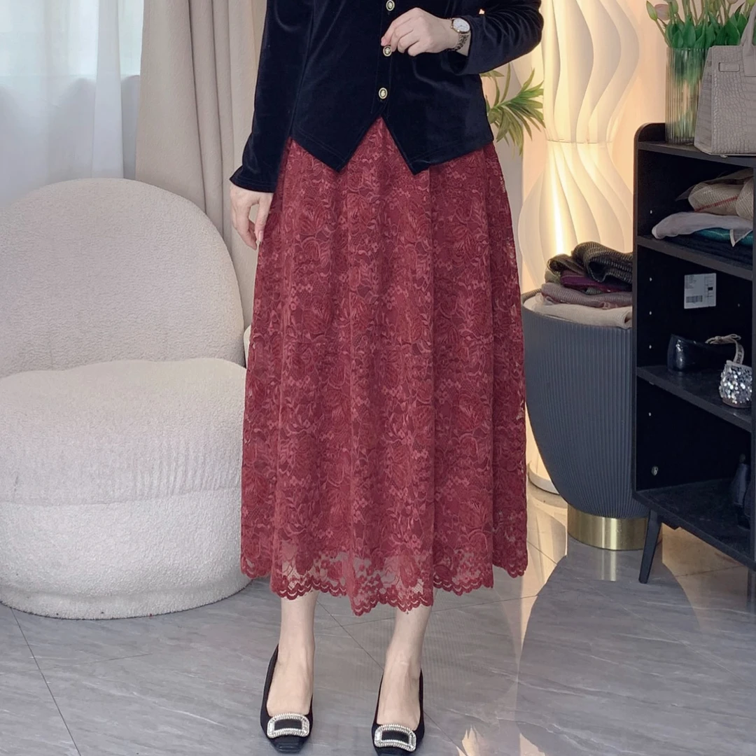 【半身裙】秋冬新款蕾丝重工显瘦遮肉百搭气质大码女装拼接中长款