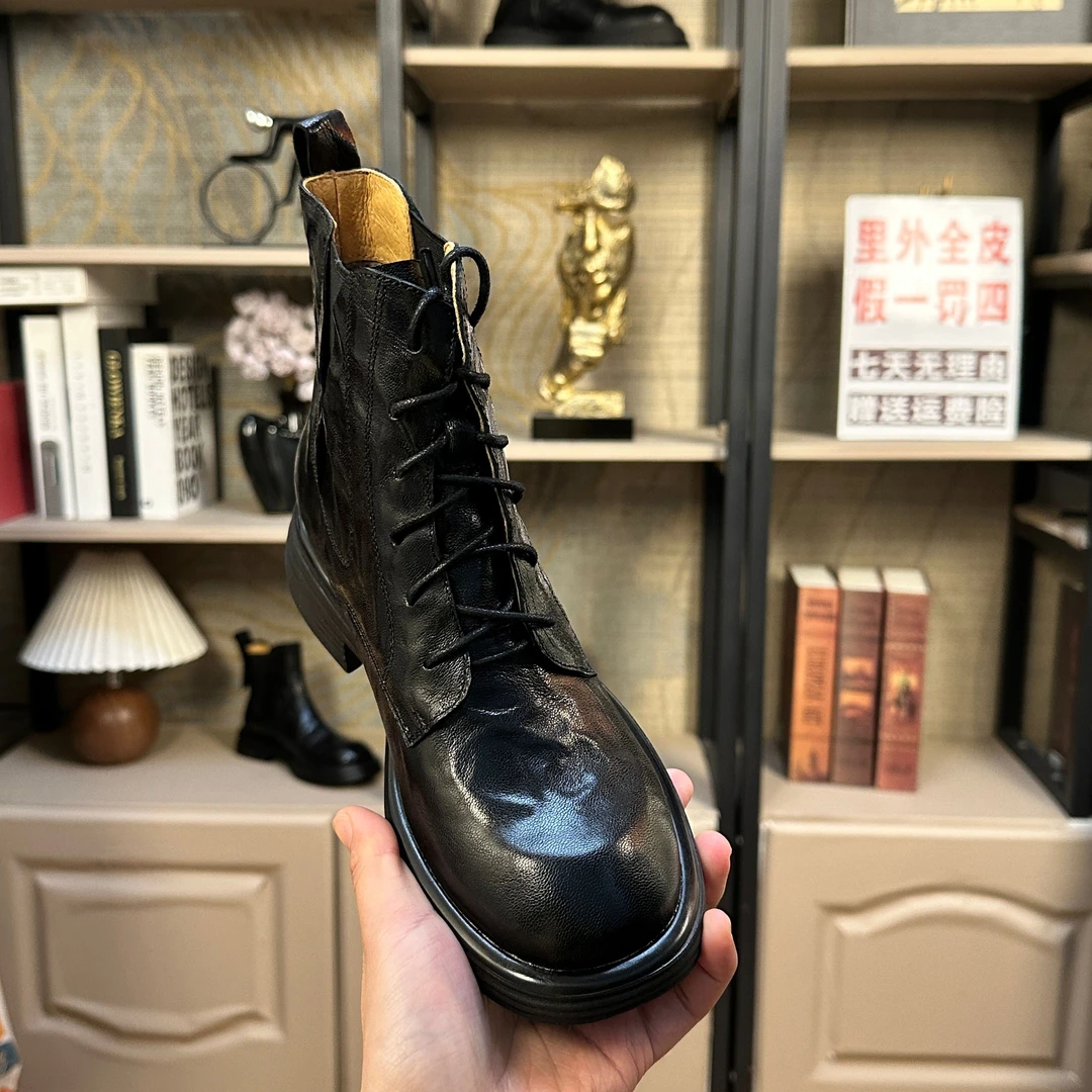 2024秋冬季新款系带圆头气质短靴粗跟中跟真皮厚底马丁靴女