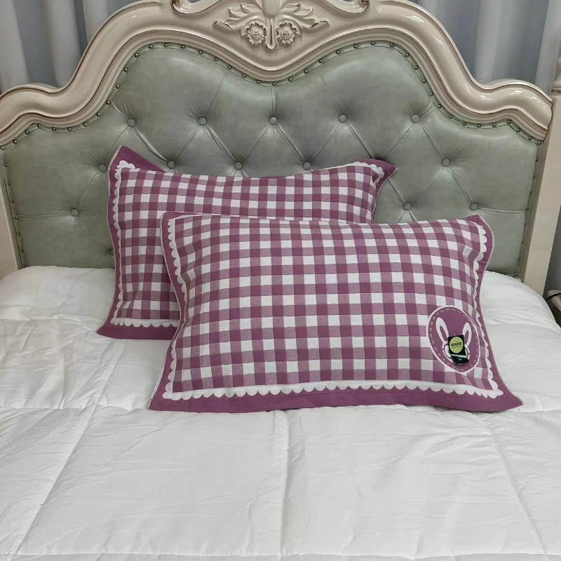 格子兔-紫精梳棉枕巾一对