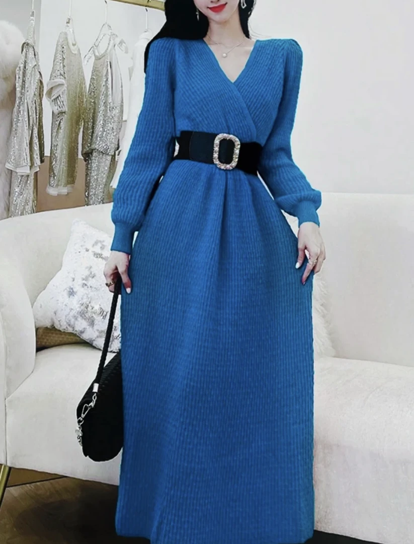 【清】秋冬显瘦气质收腰长袖A字时尚洋气针织连衣裙-均码(80-140斤）
