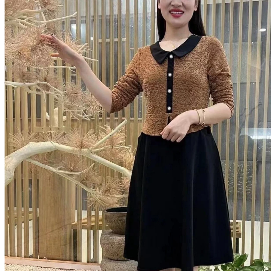 新款娃娃领减龄气质假两件连衣裙