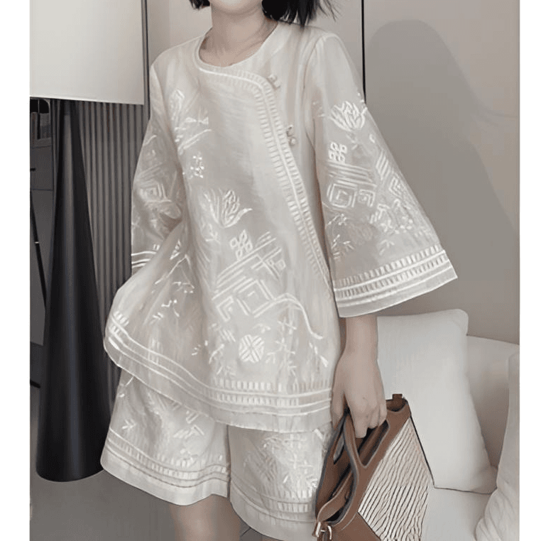 夏季新款新中式时尚复古重工定位刺绣衬衫短裤套装女两件套轻奢