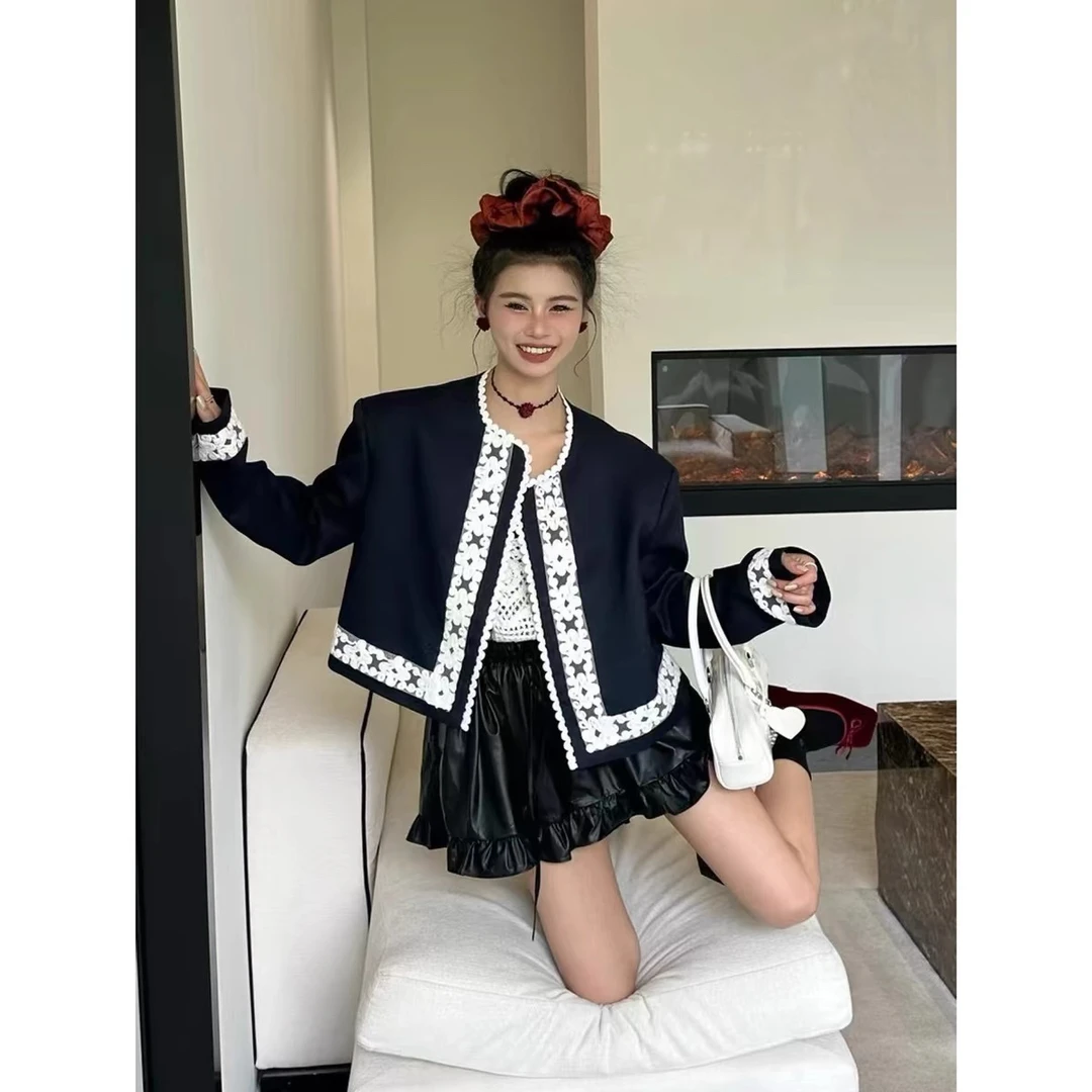 东大门新款洋气名媛小香风蕾丝拼接小众设计感短款外套女上衣潮