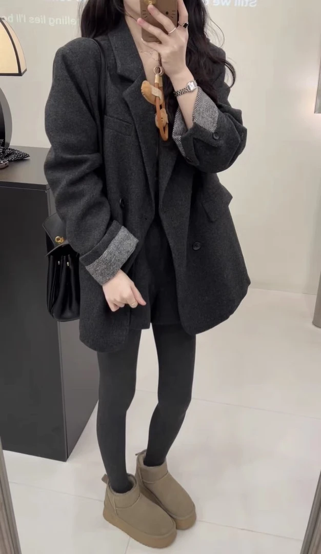 韩版时尚设计感宽松百搭加厚毛呢西装外套上衣