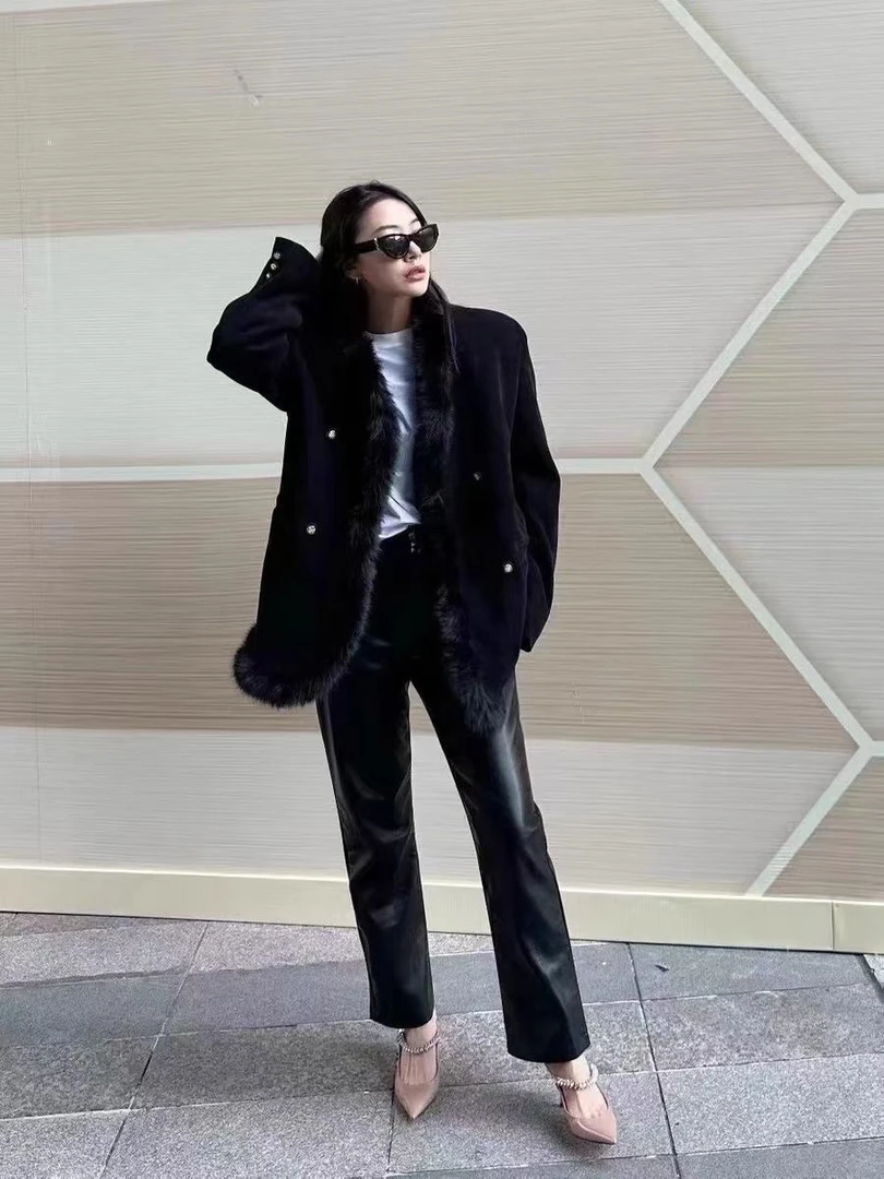 冬上新！加厚夹羽高级感毛毛西装外套