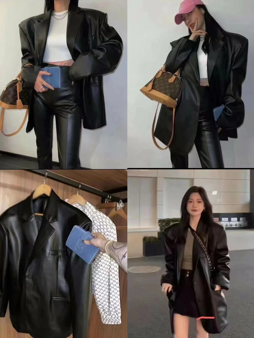 韩版高级感宽松廓形皮衣夹棉西装外套女新款设计感pu皮西服潮