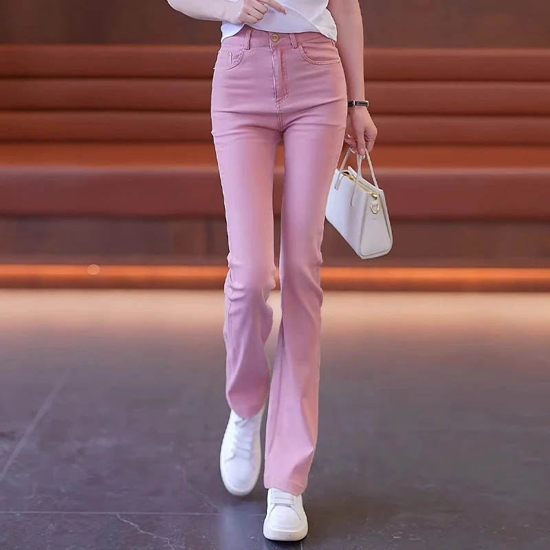 粉色微喇牛仔裤女夏季薄款2024新款高腰修身显瘦弹力休闲喇叭裤子