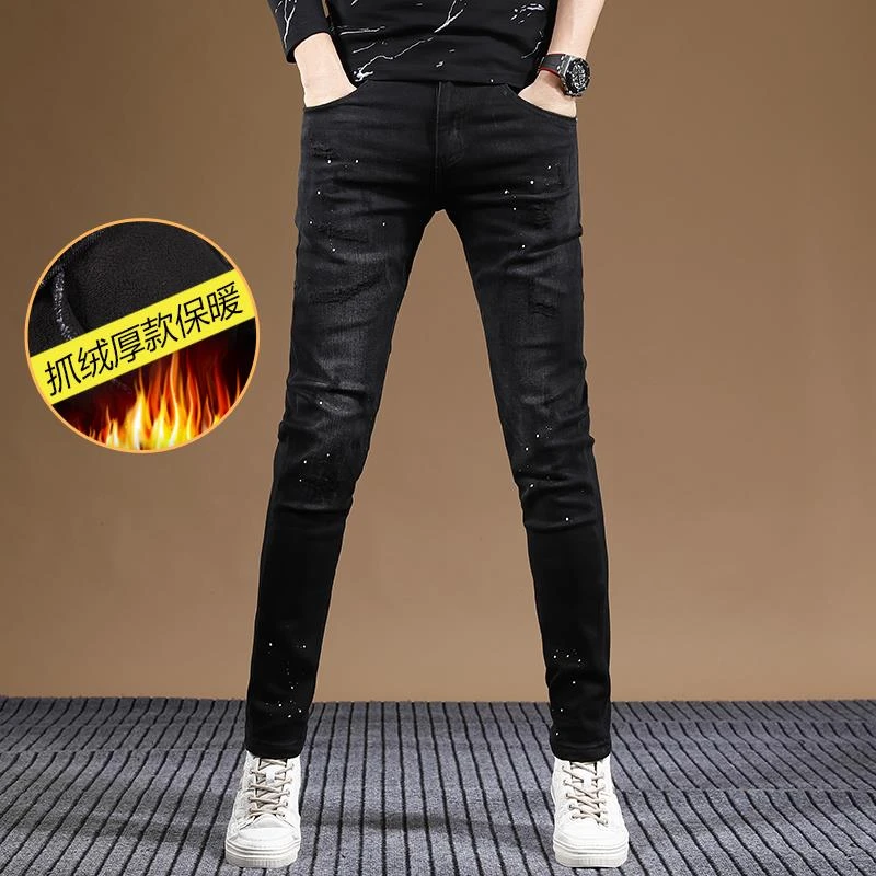 高街破洞牛仔裤男秋冬款潮流时尚弹力修身小脚抓绒加厚款男士长裤