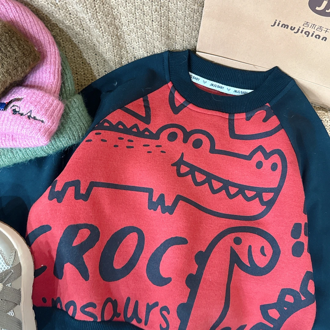 【年款 201319】深秋冬儿童手绘鳄鱼恐龙加厚抓绒插肩袖圆领卫衣