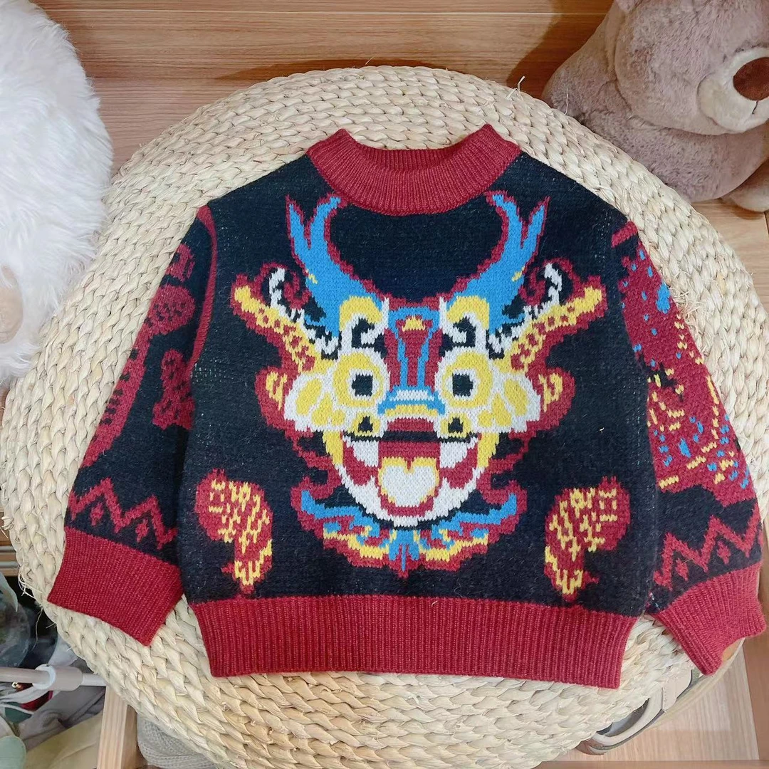 【断码处理 231135】秋冬儿童双针织刺绣龙头针织单层加厚套头毛衣