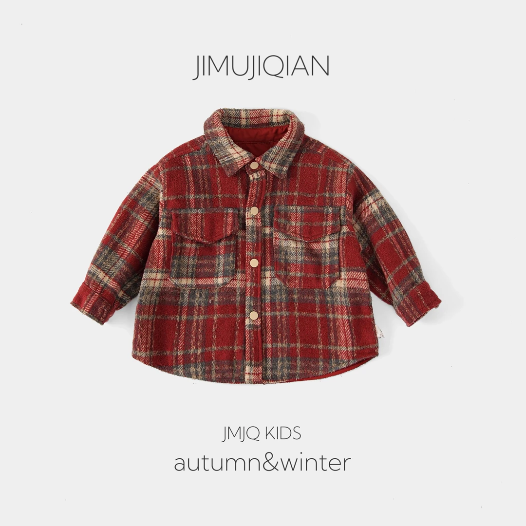 【年款 231036】深秋冬复古风儿童格子翻领单层厚衬衫外套