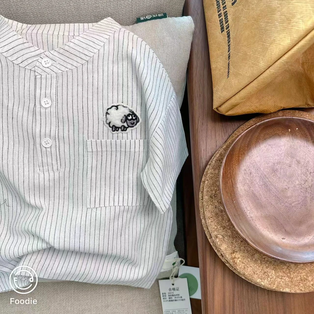 【断码处理夏 20515】夏季韩版中小童竖纹薄款小绵羊标章平领衬衫