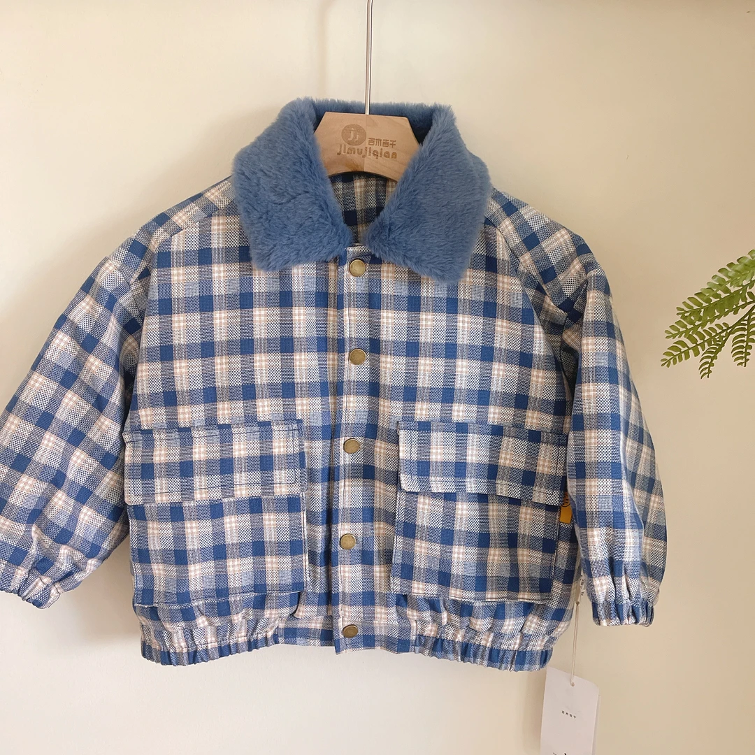 【JMJQ 23908-1】秋冬韩版儿童格子夹毛翻领夹克厚外套