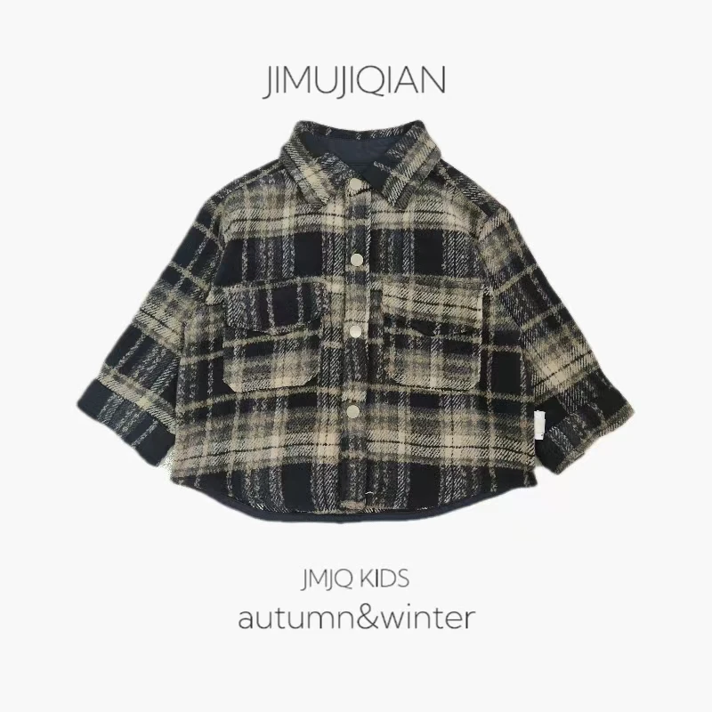 【JMJQ 231036】春秋森系复古风儿童格子翻领厚外套