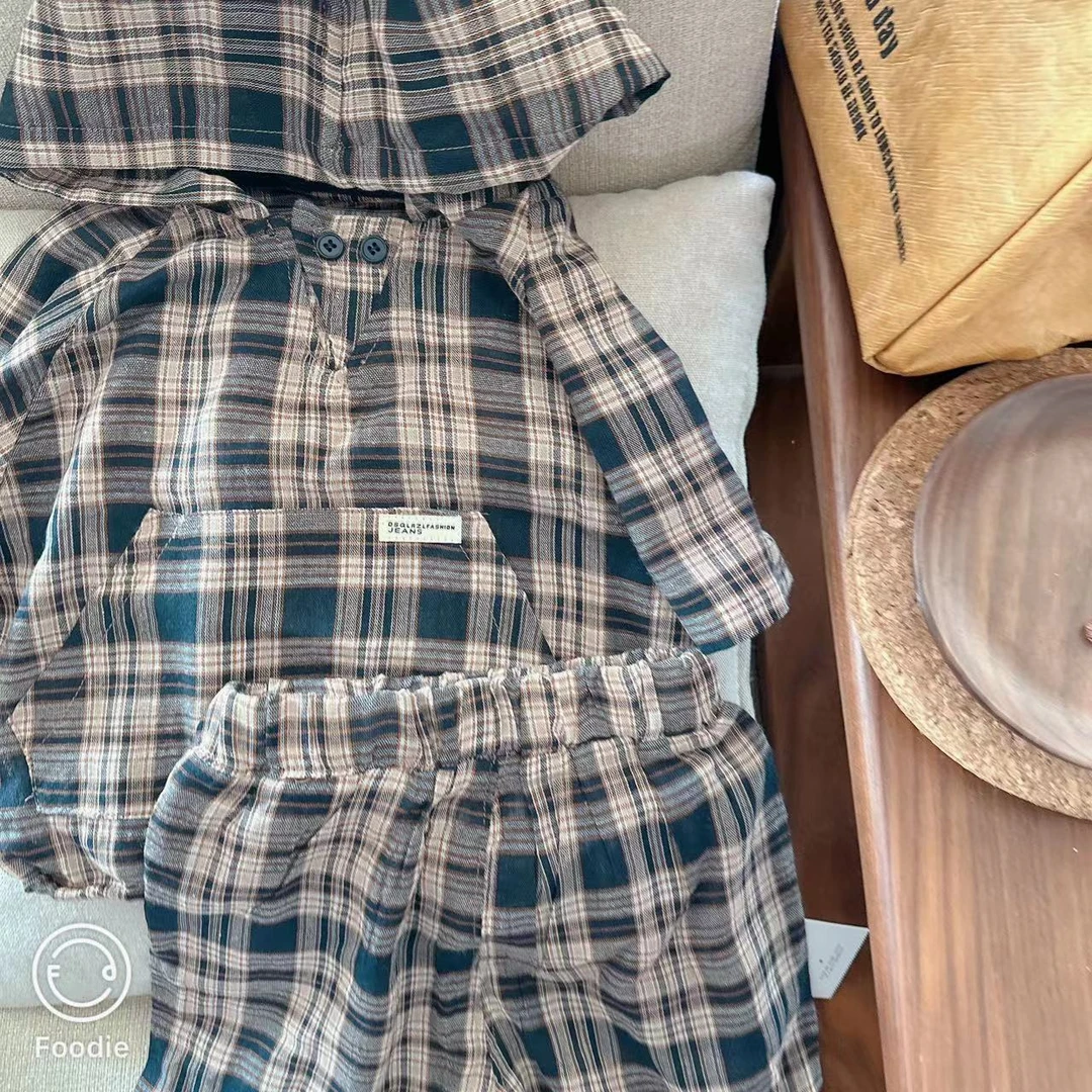 【JMJQ 20116】夏季韩版儿童速干户外休闲洋气宽松格子连帽短裤套装