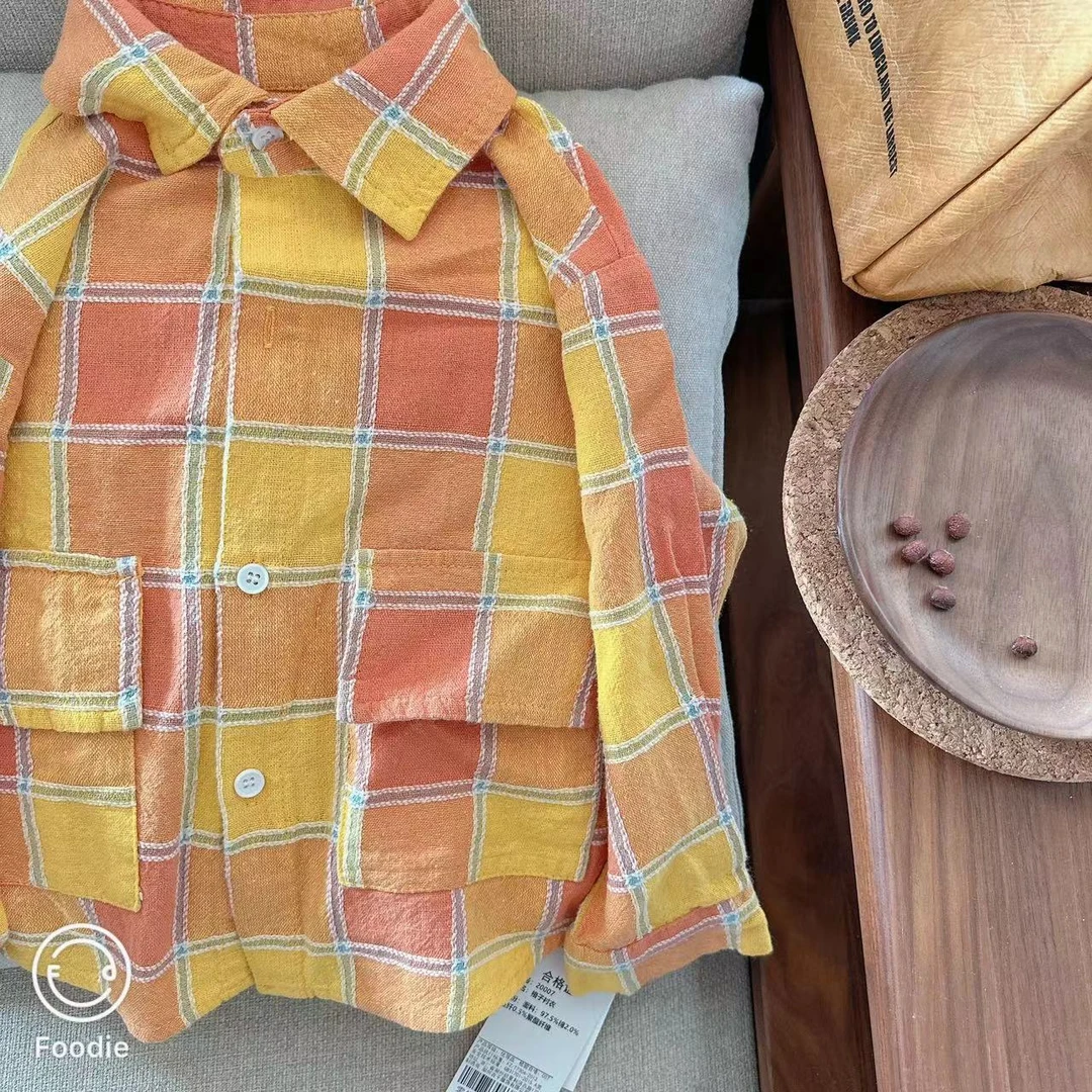 【JMJQ 20007】春秋韩版中小童提花色织上衣翻领格子衬衫外套