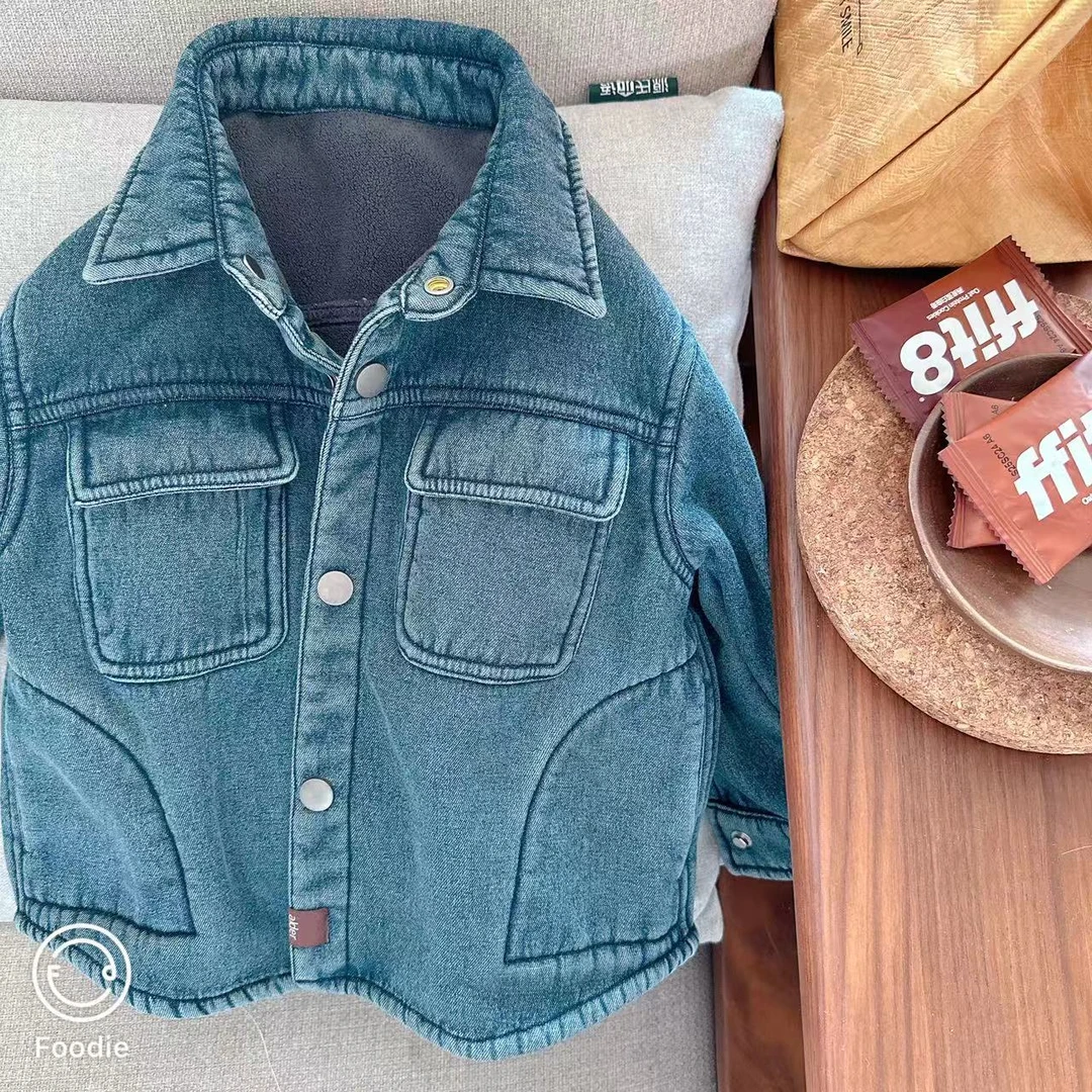 【JMJQ 201105】深秋冬中小童保暖一体绒时尚经典牛仔翻领衬衫外套