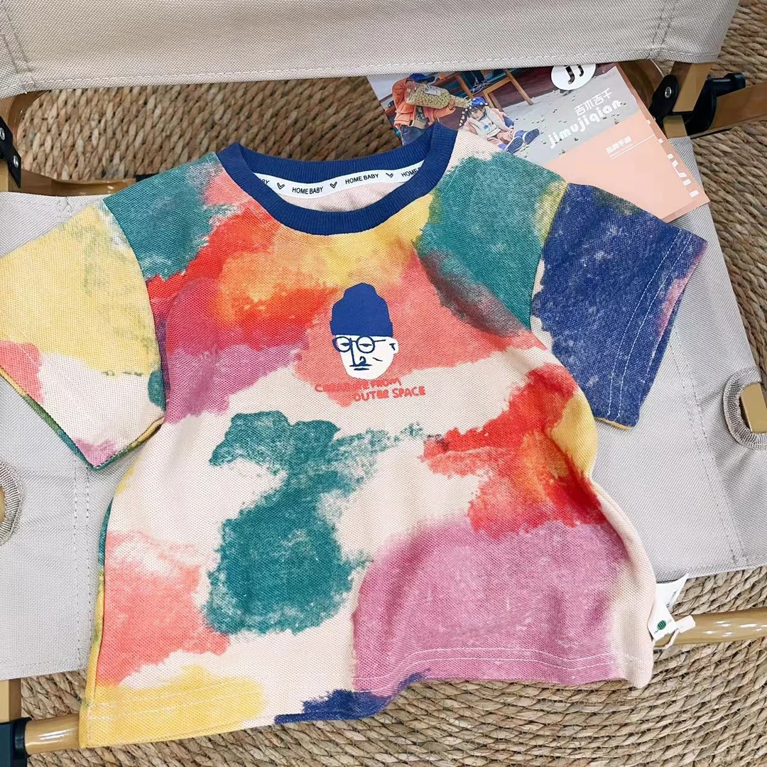 【断码处理夏 23275】夏季扎染满史前卡通图案短袖时尚圆领休闲T恤