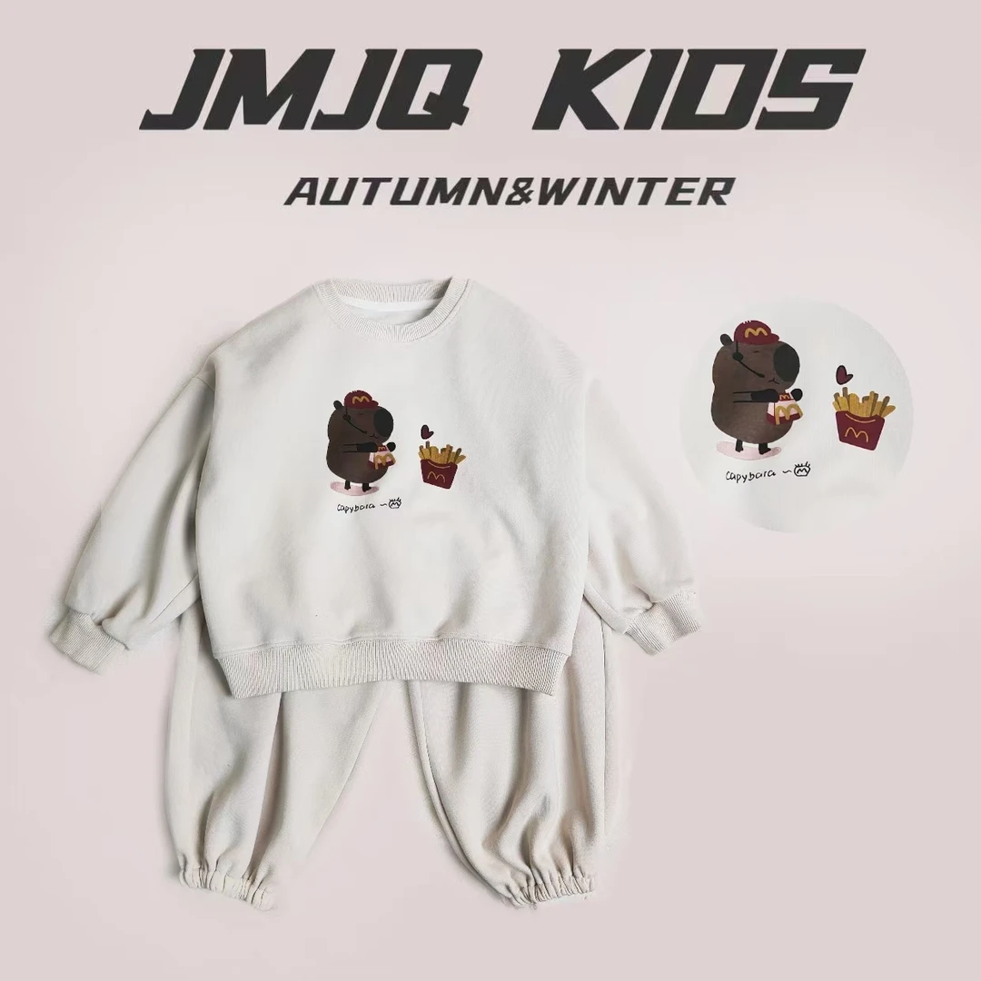 【亲子搭配款 20892】春秋中小童趣味卡皮巴拉印花运动针织圆领套装