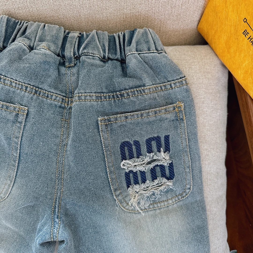 【品牌上新 20905】春秋韩版中小童字母破洞刺绣洗水蓝百搭牛仔长裤